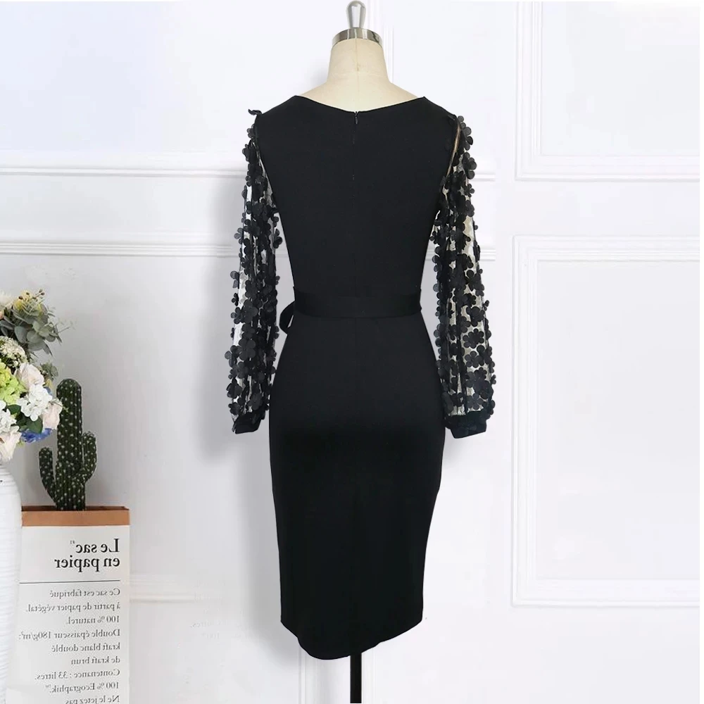 Elegant Classy Modest Patchwork Appliques Women Work Wear Vestidos Black Office Ladies Bodycon Dresses with See Through Sleeves