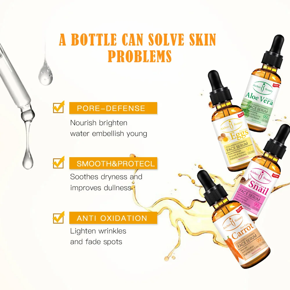 Moisturizing Anti-wrinkle Snail Repairing and Firming Face Whitening Serum with Collagen, Vitamin E