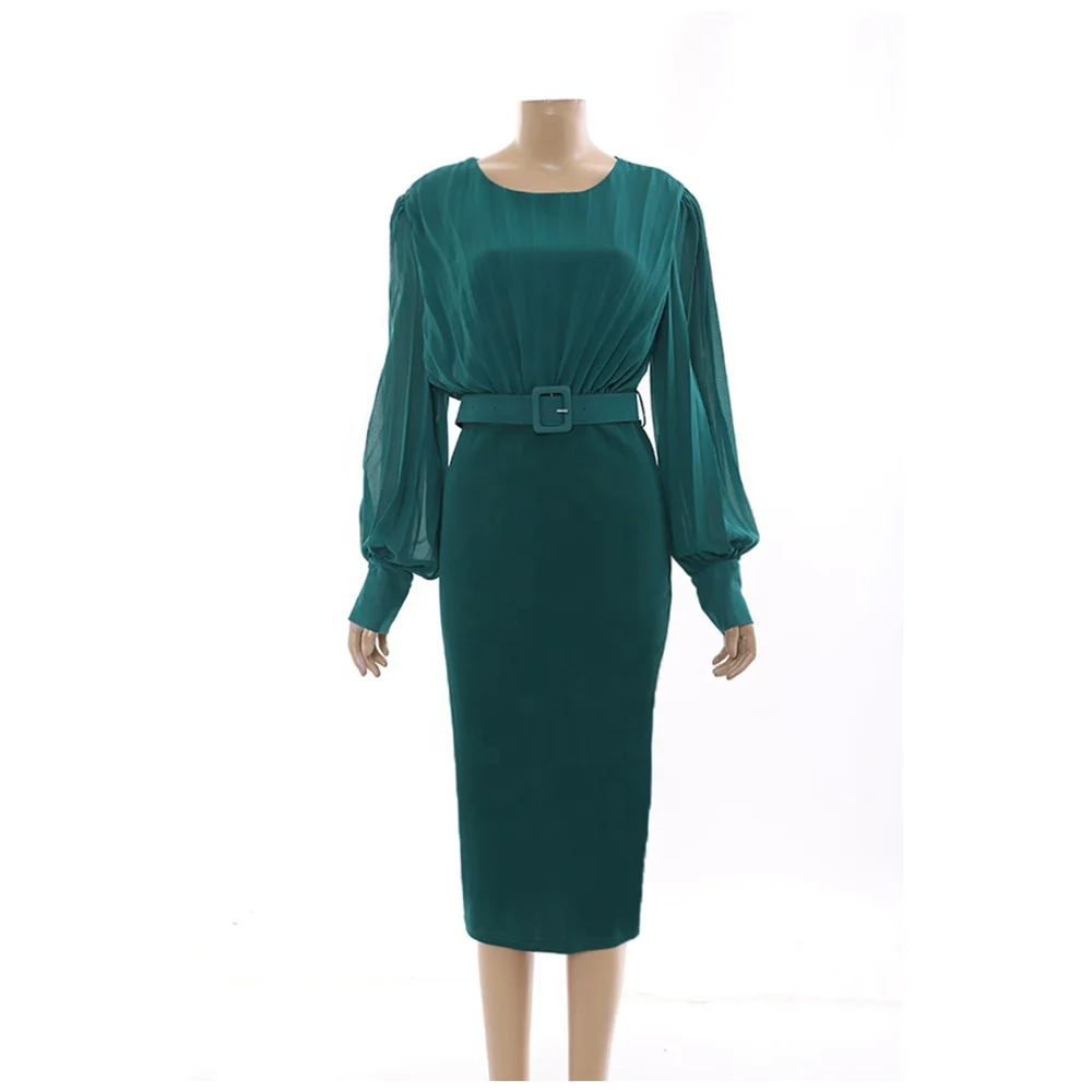 elegant ladies women customs Summer dresses long sleeve pleated skirt Ruched office chiffon wrap dress