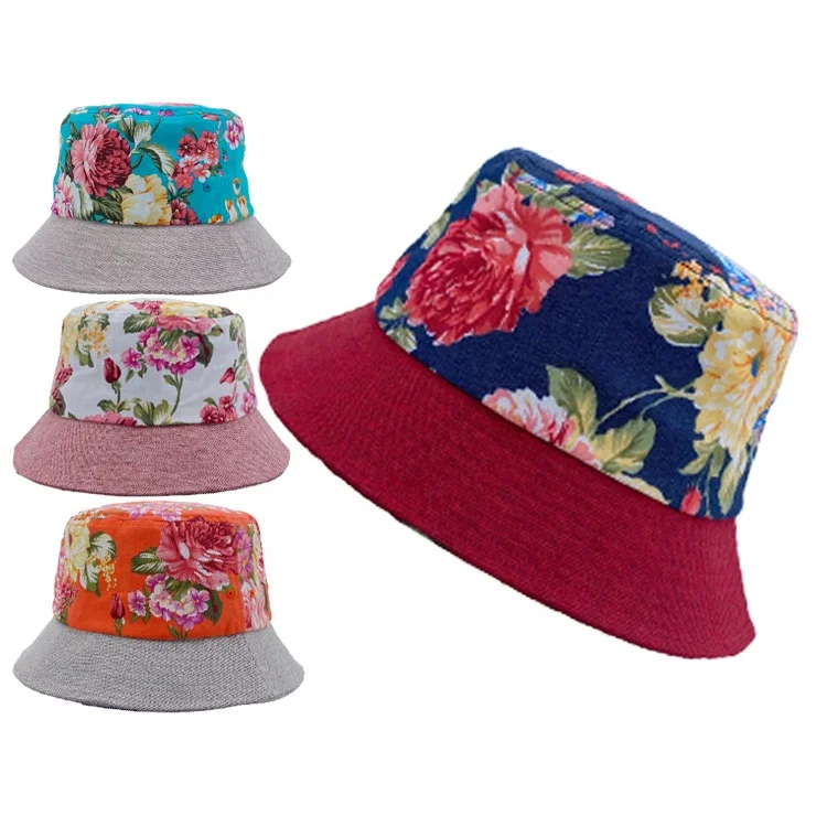 Fashion Navy Floral Printing Contrasting Red Brim Summer Beach Cotton Fisherman Bucket Sun Protection Hat