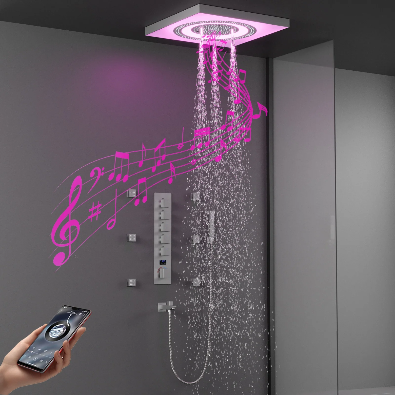 Ceiling Luxury LED Music Shower Head Smart Modern Bathroom LED Shower System Set Digital Display Hot and Cold Shower Mixer