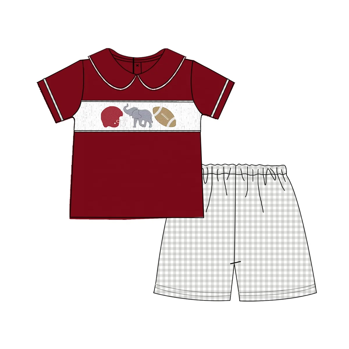Puresun custom football team smocked children clothing scalloped collar little girl cotton dress with elephant embroidery