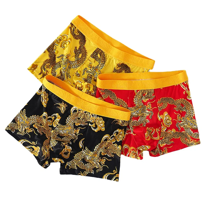 QL New Sexy Golden Dragon Year Print Panties Funny Mens Underwear Soft Shorts Cotton Boxers For Boy