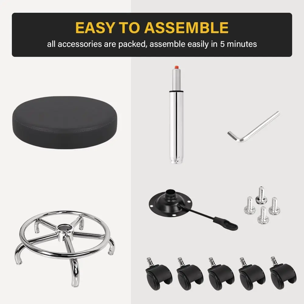 Round Rolling Stool with Footrest PU Leather Height Adjustable 360 Swivel Stool with Wheels Office Stool Chair