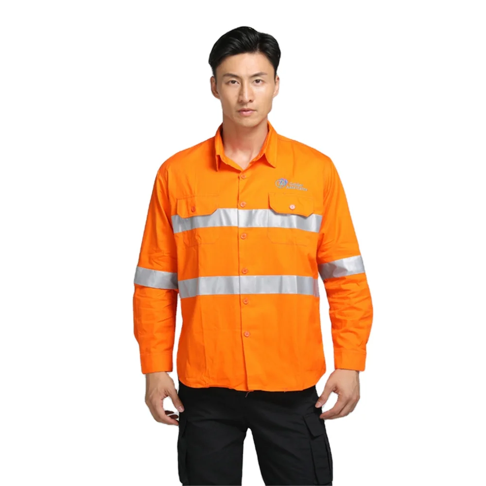 men long sleeve full buttons fluorescence orange embroider print logo reflective work hi vis shirt