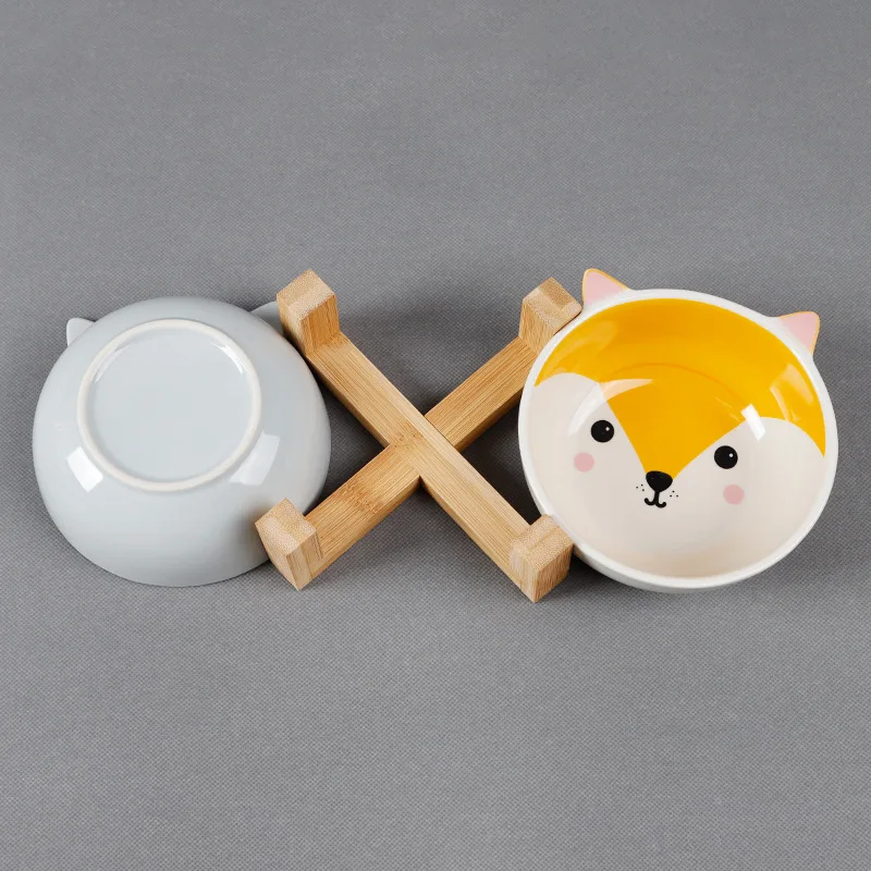 Bowl Dog Food Water Feeder Puppy Ceramic Drinking Dish Bowl With Wooden Rack Pet Tableware