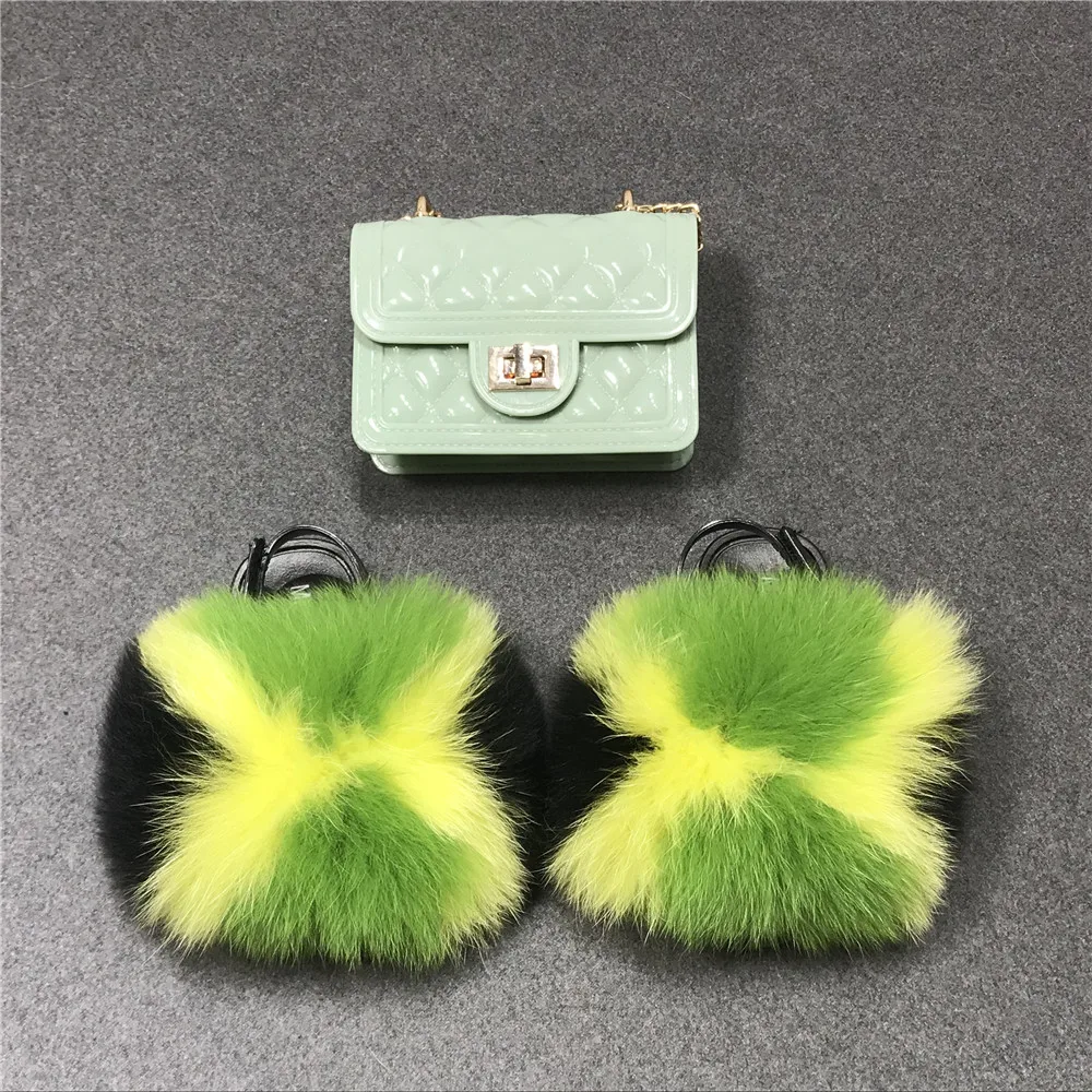 
Kids Fur Slippers Jelly Bag Purse Set Fluffy Fur Slides Handbag with Slides Real Fox Fur Slides Children Shoulder Bag Wholesale 