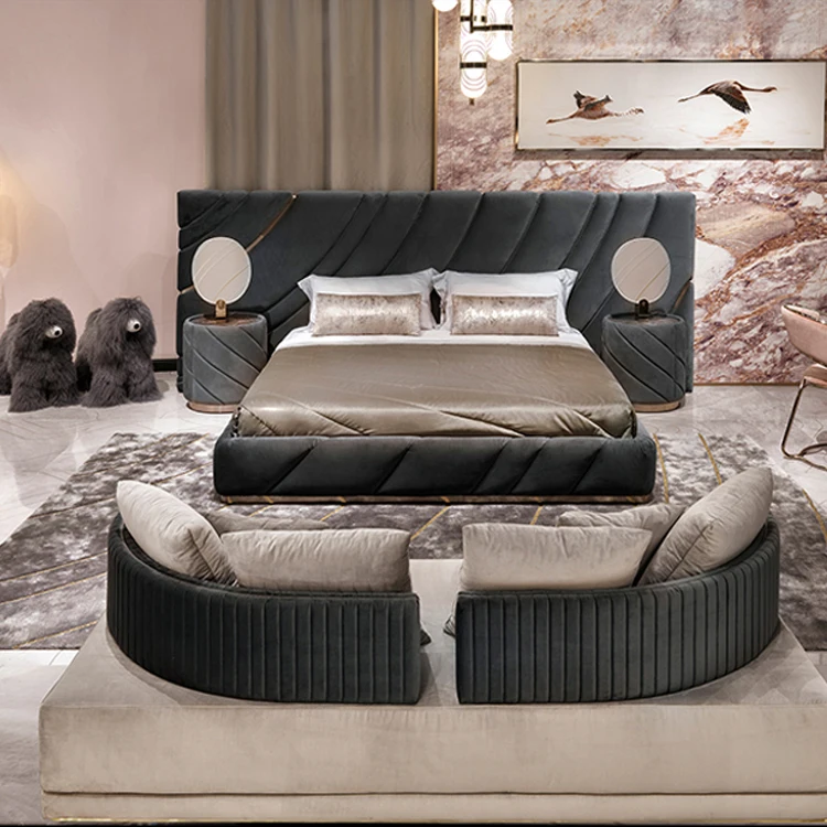 High big headboard resort apartment linen velvet wooden furniture king nightstand bed set