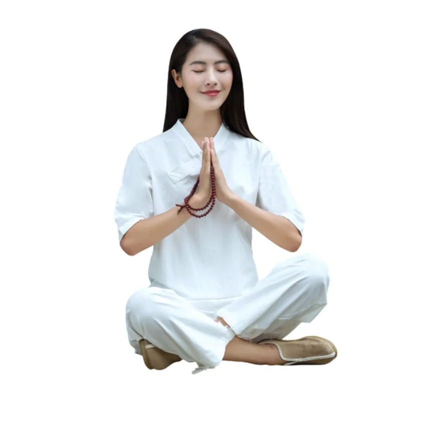 Cotton and linen yoga outdoor clothes two-piece set breathable meditation clothes women modest