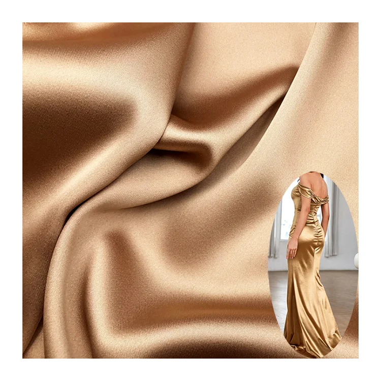 50D*75D shiny polyester gold satin fabric by the yard for clothing dresses lining 100% Polyester silky golden satin fabric