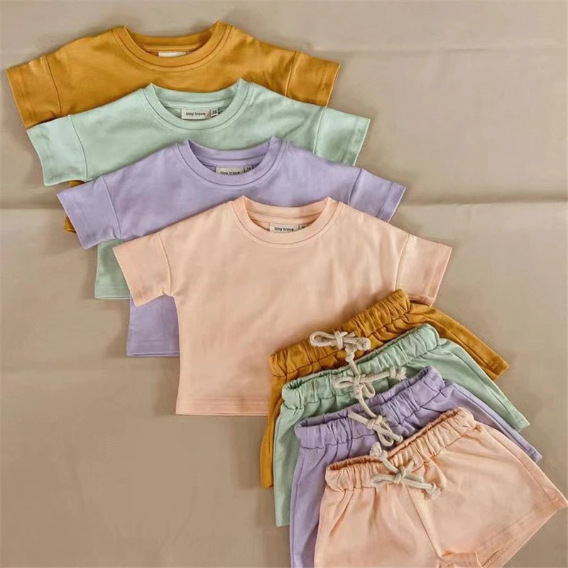 
2021 cotton kid clothing set macaron plain solid solor children t shirt and short 2 pcs set children girl sports clothes sets 