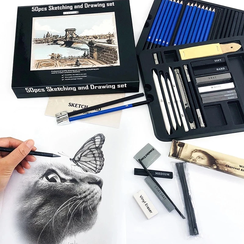 50pc Sketch Kit Drawing Kit Drawing Pencil Artist Drawing Gift Box Drawing Tools Professional Sketch Pencil Set Art Supplies