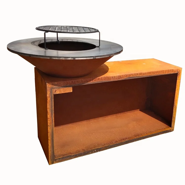 Стальная яма для барбекю Kingjoy corten с большим деревянным хранилищем
