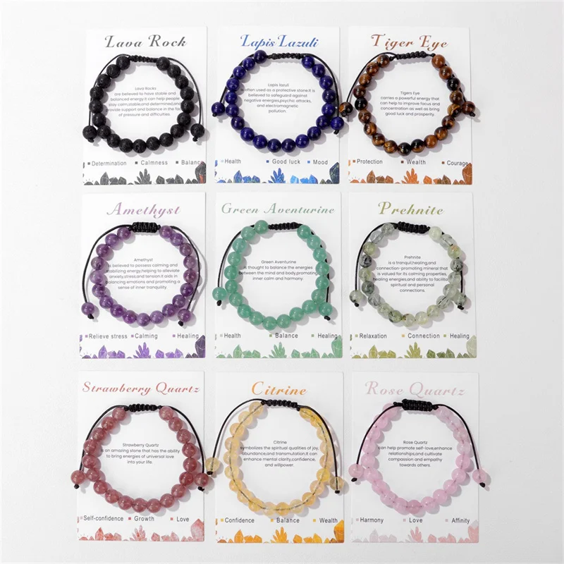 8mm Natural Stone Card Healing Power Gemstone Crystal Beads Handmade Woven Adjustable Friendship Stone Bracelet Jewelry