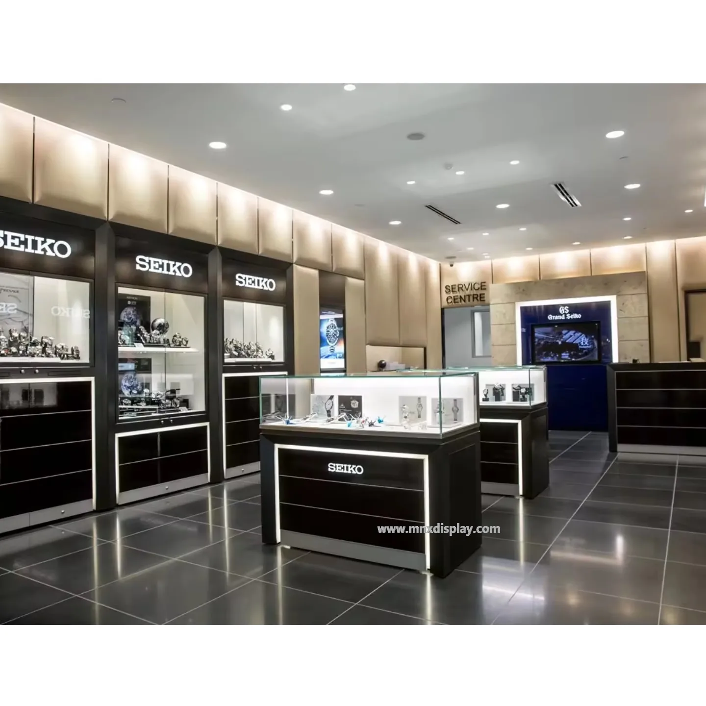 Modern store design custom watch display showcase wooden watch display counter furniture with led light strip