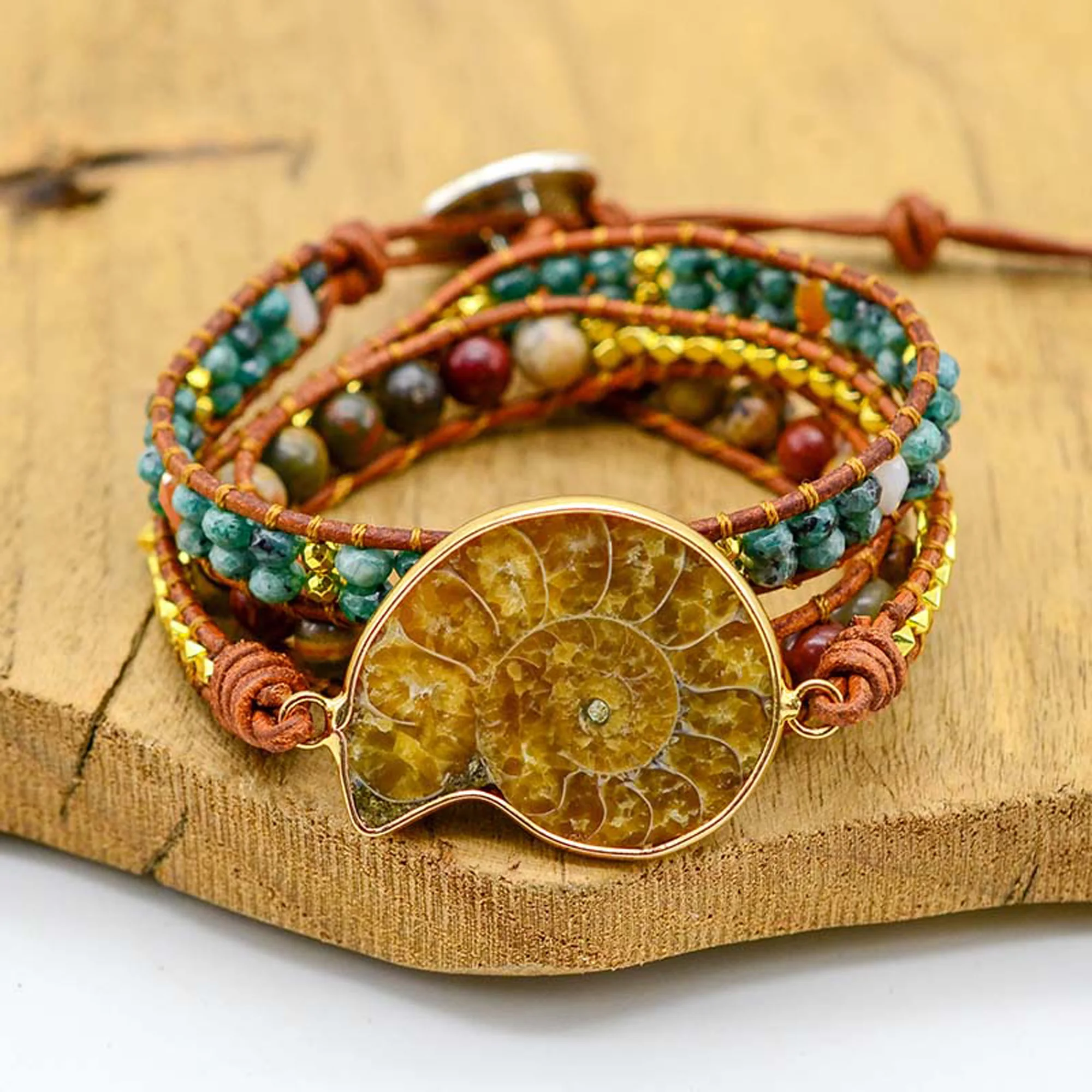 Drop-shipping Natural Stone Bracelet Snail Shape Handmade Woven Leather Rope Bracelet