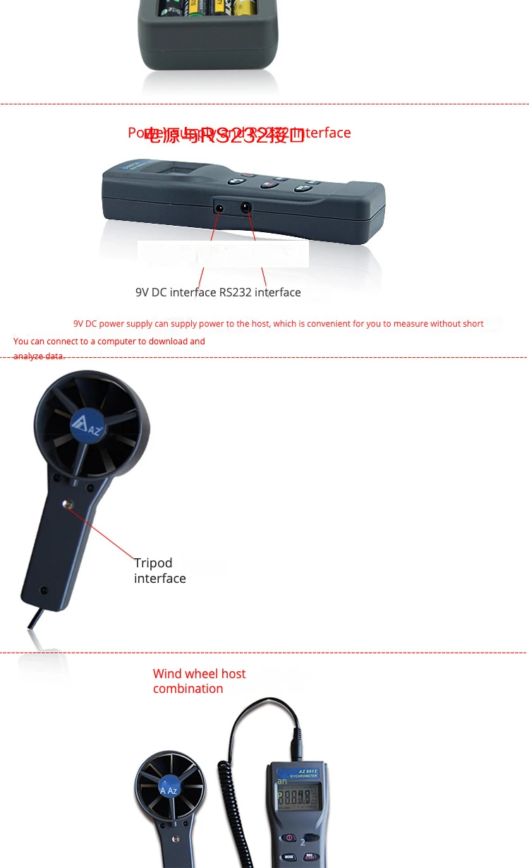 AZ8912 Anemometer Wind Speed Meter Portable Remote Fan BTU Air Flow Meter with Humidity