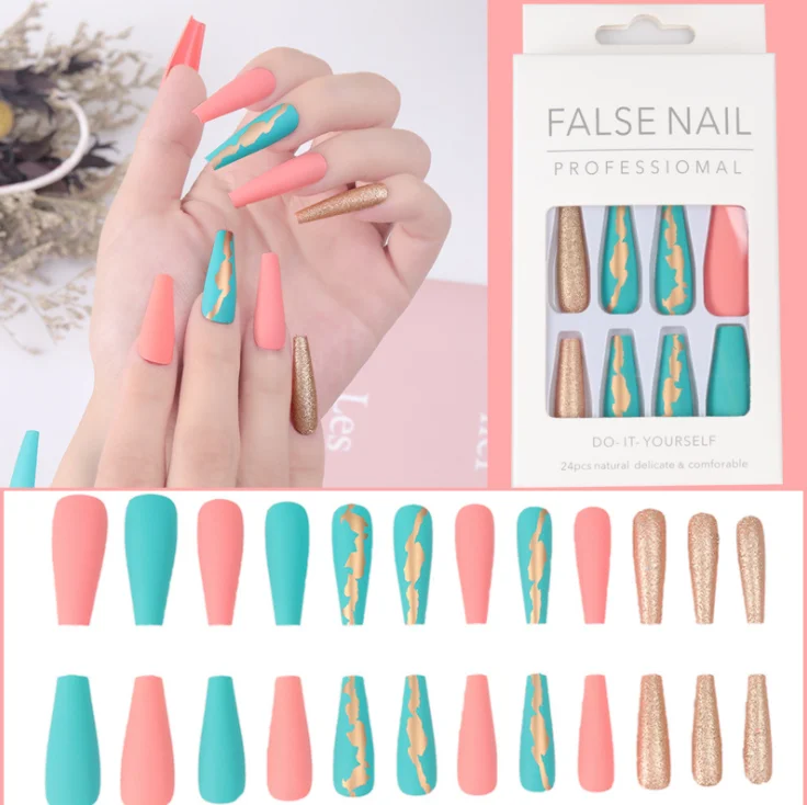 wholesale 24/pcs Long Coffin Press On Artificial full cover Luxury Colorful Blue butterfly matte press on