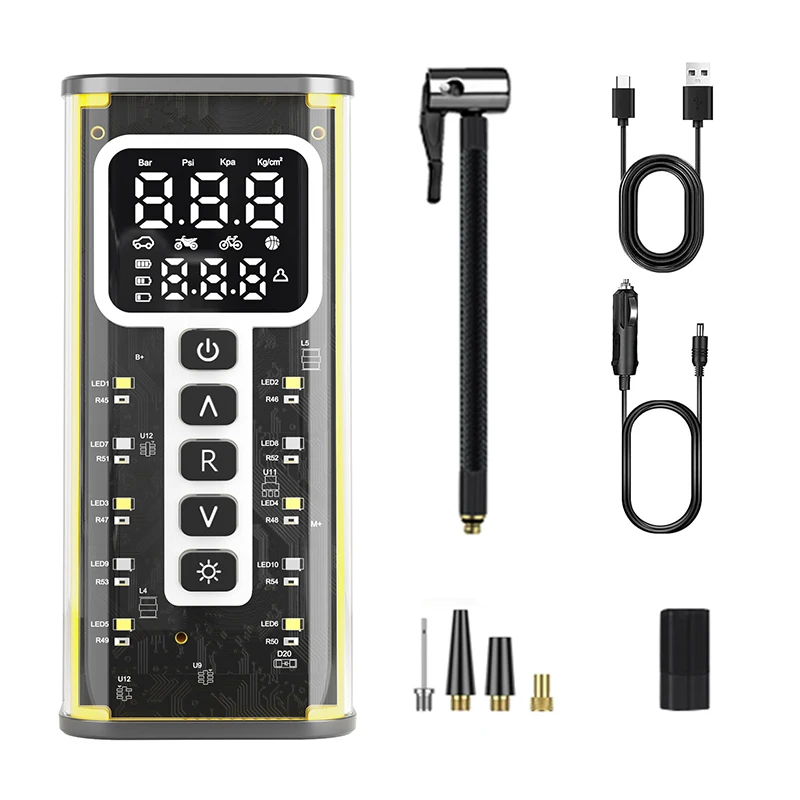 Tyre Inflator Mechanical Style Digital Display Pressure Detection Air Pump Compressor 1V Cable for Car Bike  Rechargeable 19mm