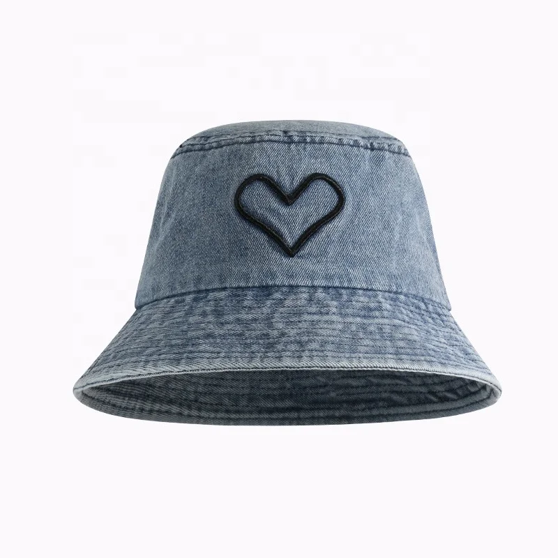 Wholesale Custom Unisex Fashion Washed Denim Cotton UV Protection Summer Travel Sun Hat Heart Embroidery Bucket Hat For Women