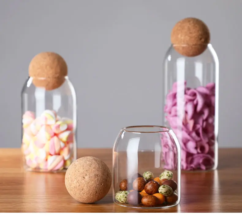 Kitchen High Quality Glass Storage Food Candy Storage Jars Wood Lid Cork Ball Stopper Handmade Borosilicate Glass Canister Jar