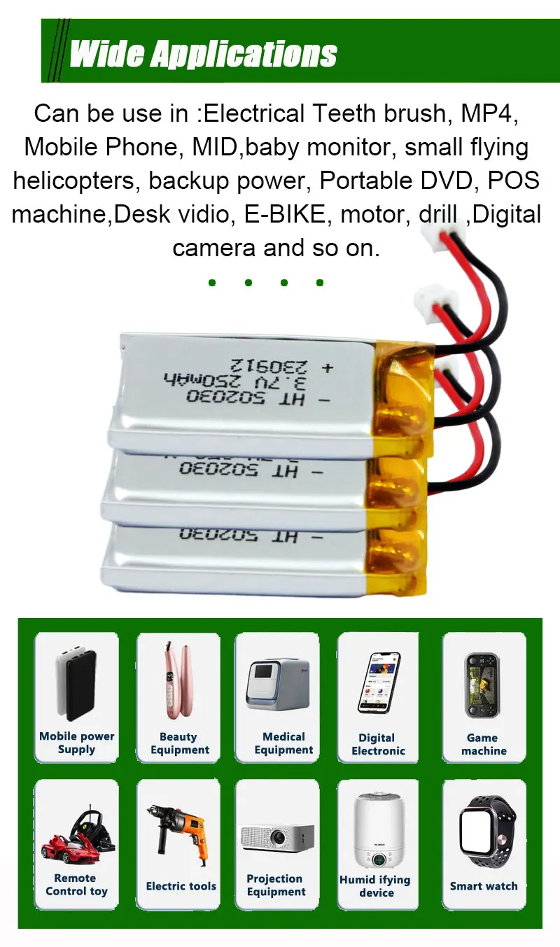 OEM Customized Lithium Polymer Battery 3.7v 250mAh 502030 Rechargeable Lithium ion Polymer Battery Pack