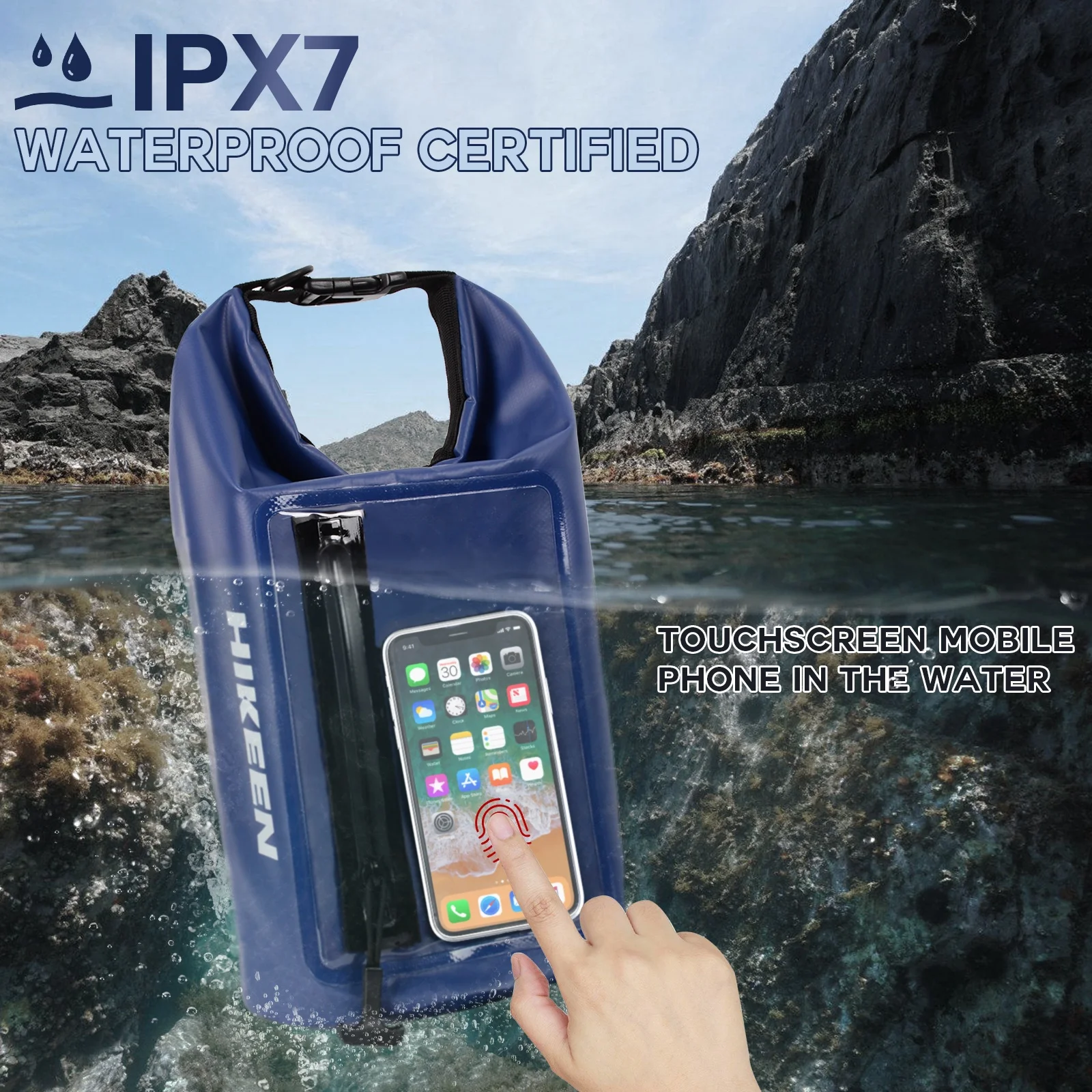 IPX7 Waterproof Dry Bag 5L - Waterproof Zip Touch Screen Phone Keeps Gear Dry, Lightweight Roll Top Dry Backpack