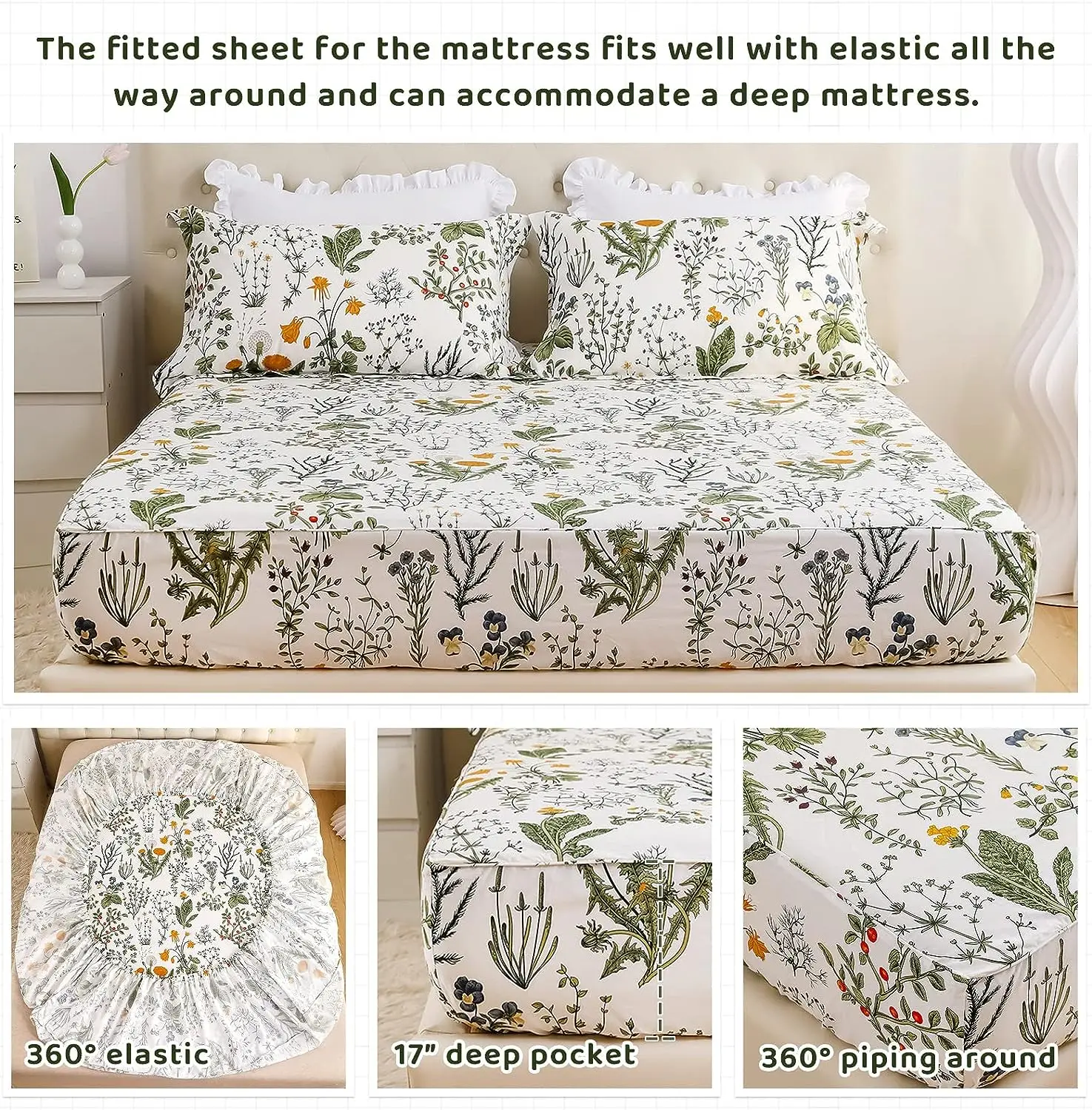 100% Cotton yellow Flowers & Sage Leave Plant Pattern Botanical Luxury Cotton Printed Flower King 4pcs Bedding Sheets