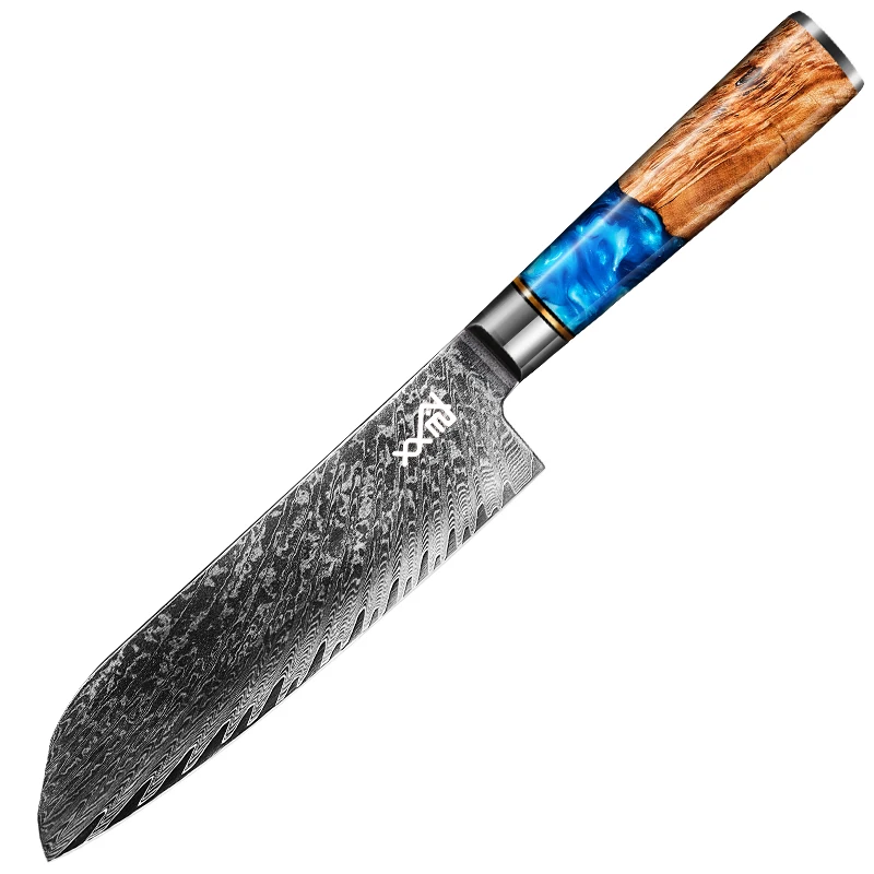 7 PCS Damascus Kitchen Knives Set 67 Layers Shadow Wood with Blue Resin Chef Knife SS316 SS410 100Cr15CoMov  HRC 60+-/2