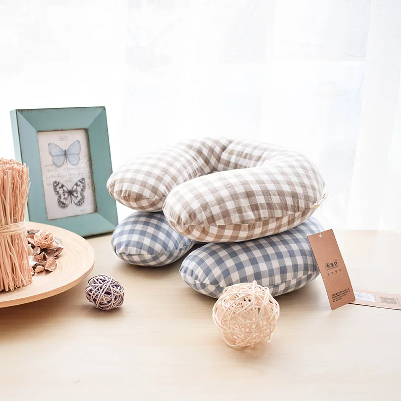 U Type Buckwheat Pillow Pure Cotton Simple Grid Nap Neck Protection Travel Full Cotton Pillow Core