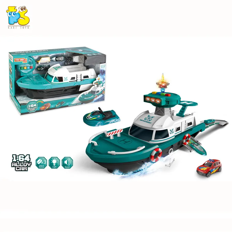 Kids Cartoon Light Music Toy Role Play Police Electric Boat 1:64 Alloy Slide Ship
