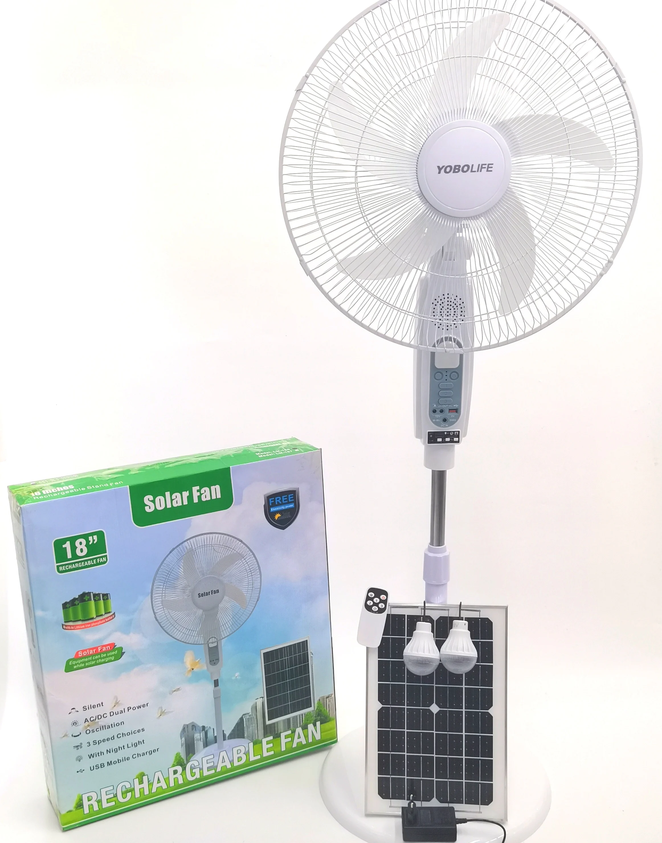 Factory 18 Inches Solar Remote-Control Fan with LED Light MP3 FM Radio Bluetooth Lithium Battery Rechargeable Fan for Home