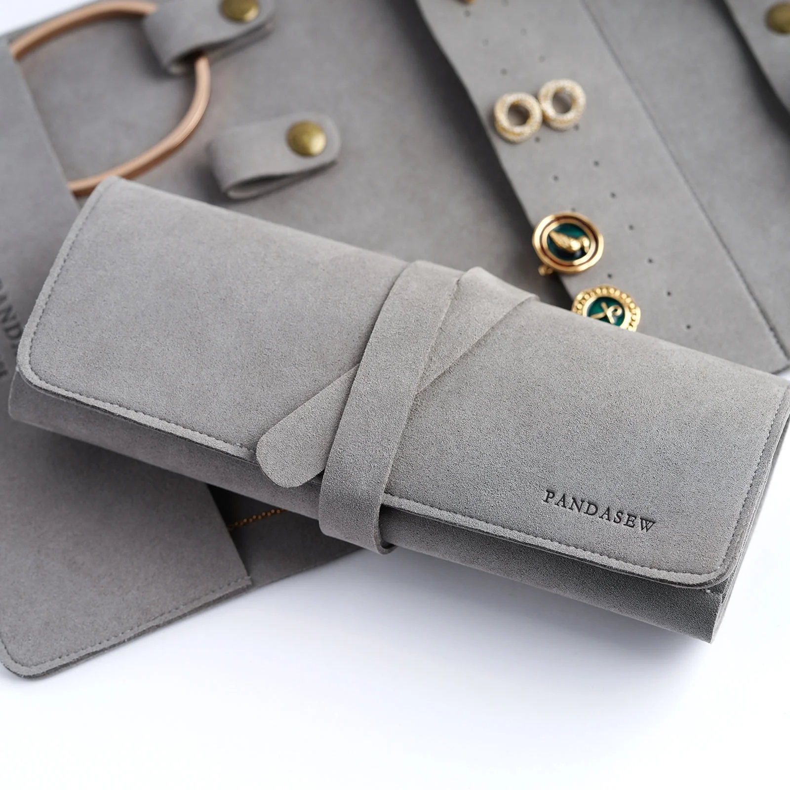 PandaSew Custom Logo Luxury 14mm Microfiber Travel Jewelry Organizer Case Roll Foldable Portable Jewelry Pouch