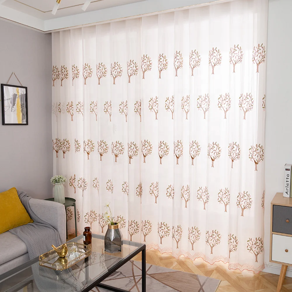 Beige floral  retail romantic nice grommet rod pocket embroidered sheer tree tulle curtain for bedroom kids window voile curtain