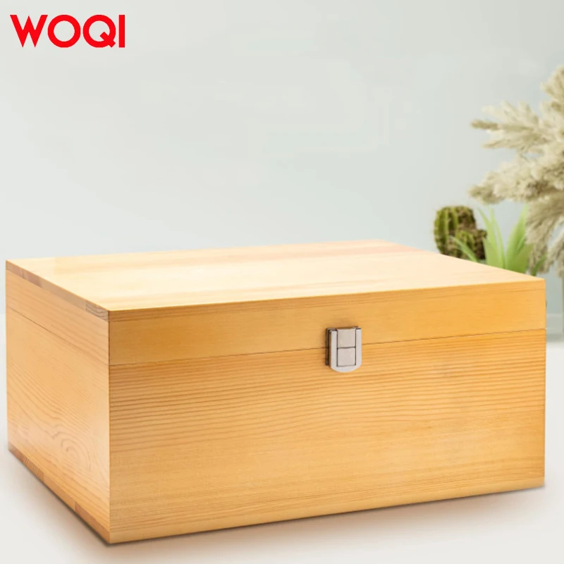 WOQI Craft Unfinished Solid Wood Tea Gift Packaging Wooden Box Windproof Storage with Hinged Lid and Front Lock