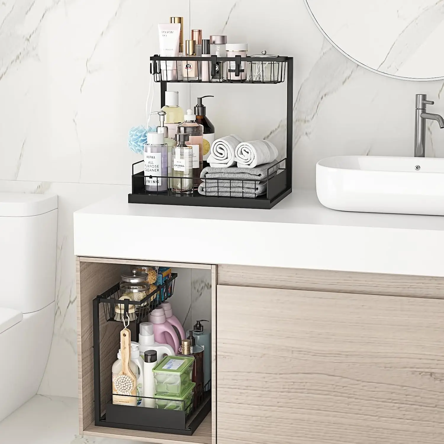 Under Sink Organizer, Metal Pull Out Cabinet Organizer Shelf,Kitchen Bathroom Organizers and Storage with Sliding Drawer