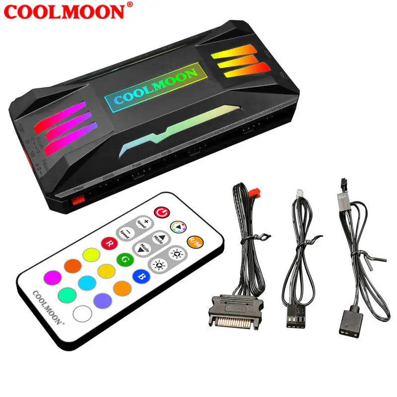 COOLMOON PWM Cooler Fan HUB Splitter Extension connector Motherboard 4Pin pwm 5v argb PC cooling fan RGB adjust Speed Controller