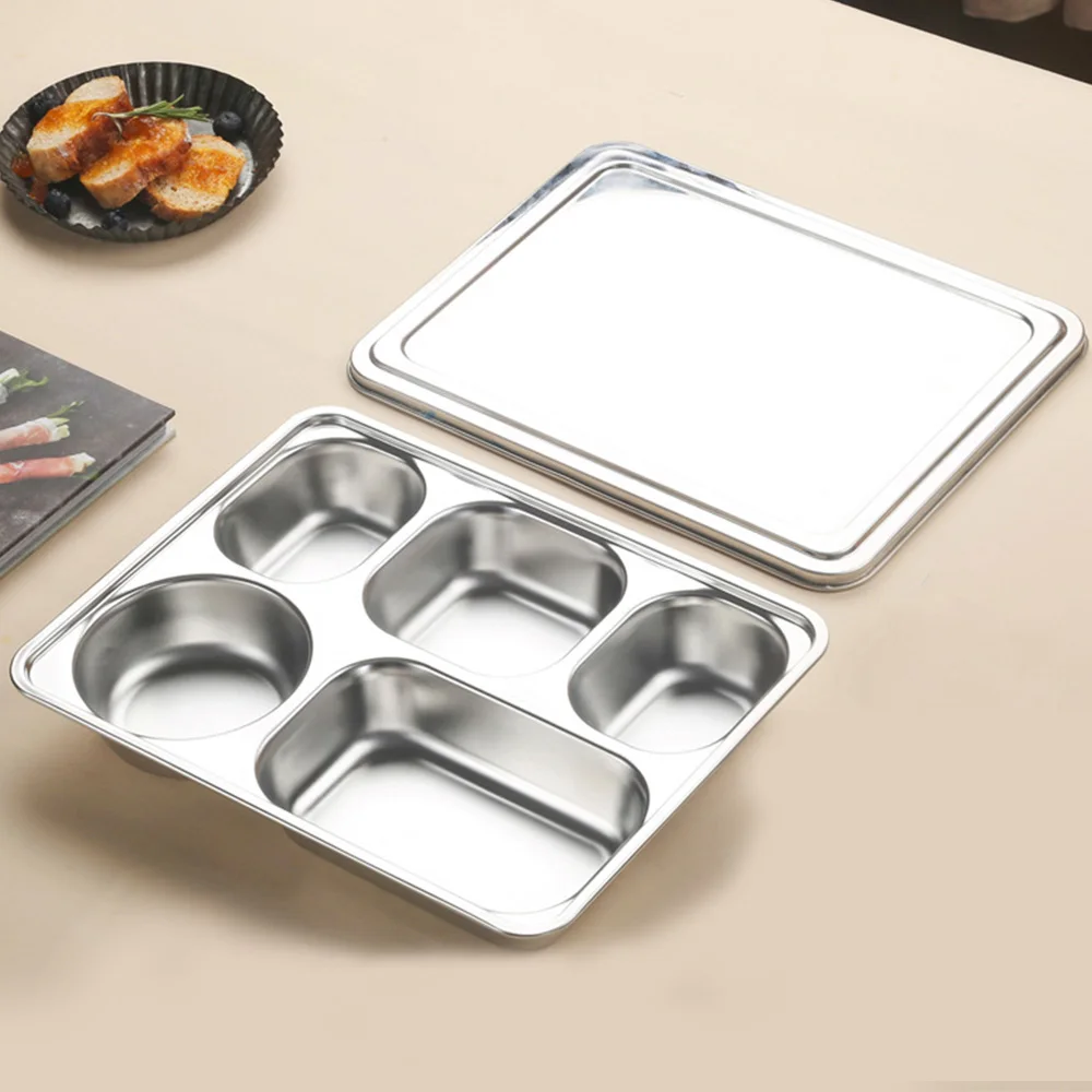 LIHONG 304 Stainless Steel 5 Compartments Indian Thali Lunch Tray School Fast Food Canteen Divided Dinner Mess Plates With Lid