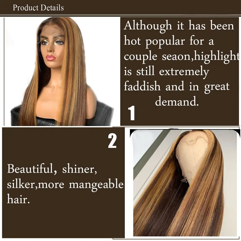 Highlight Straight Lace Front Wig P4/27 Honey Blonde Brown Pre Plucked Brazilian Remy Lace Frontal Human Hair Wigs For Women