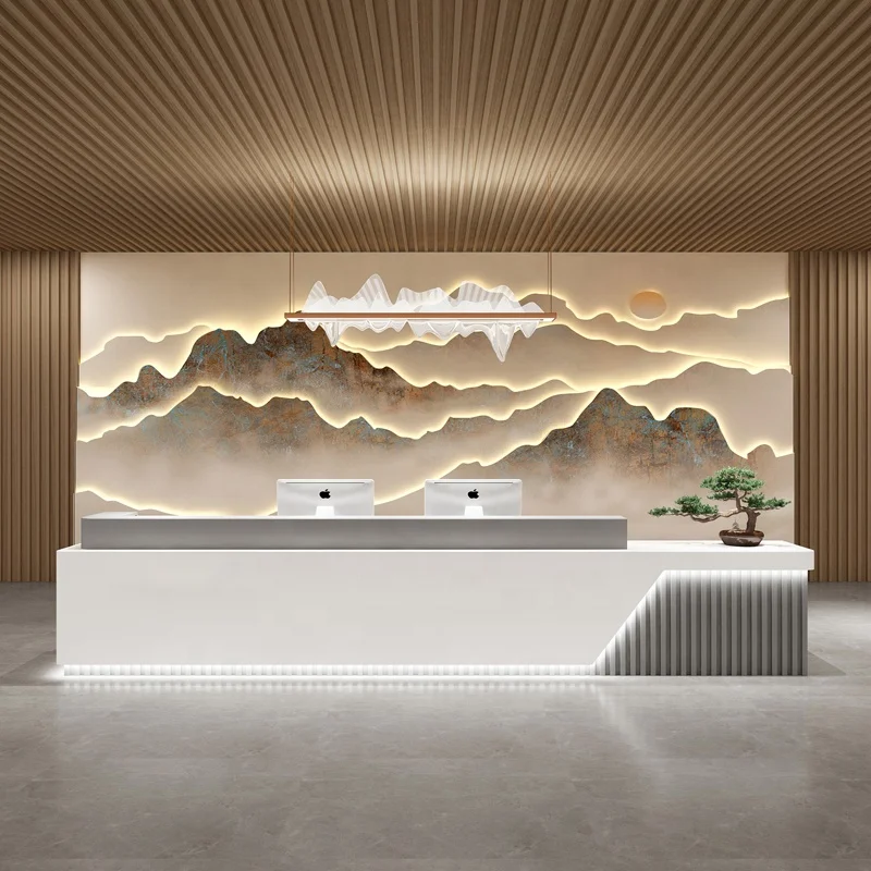 Luxury white front reception desk office desk furniture customized color bake paint reception table for office hotel