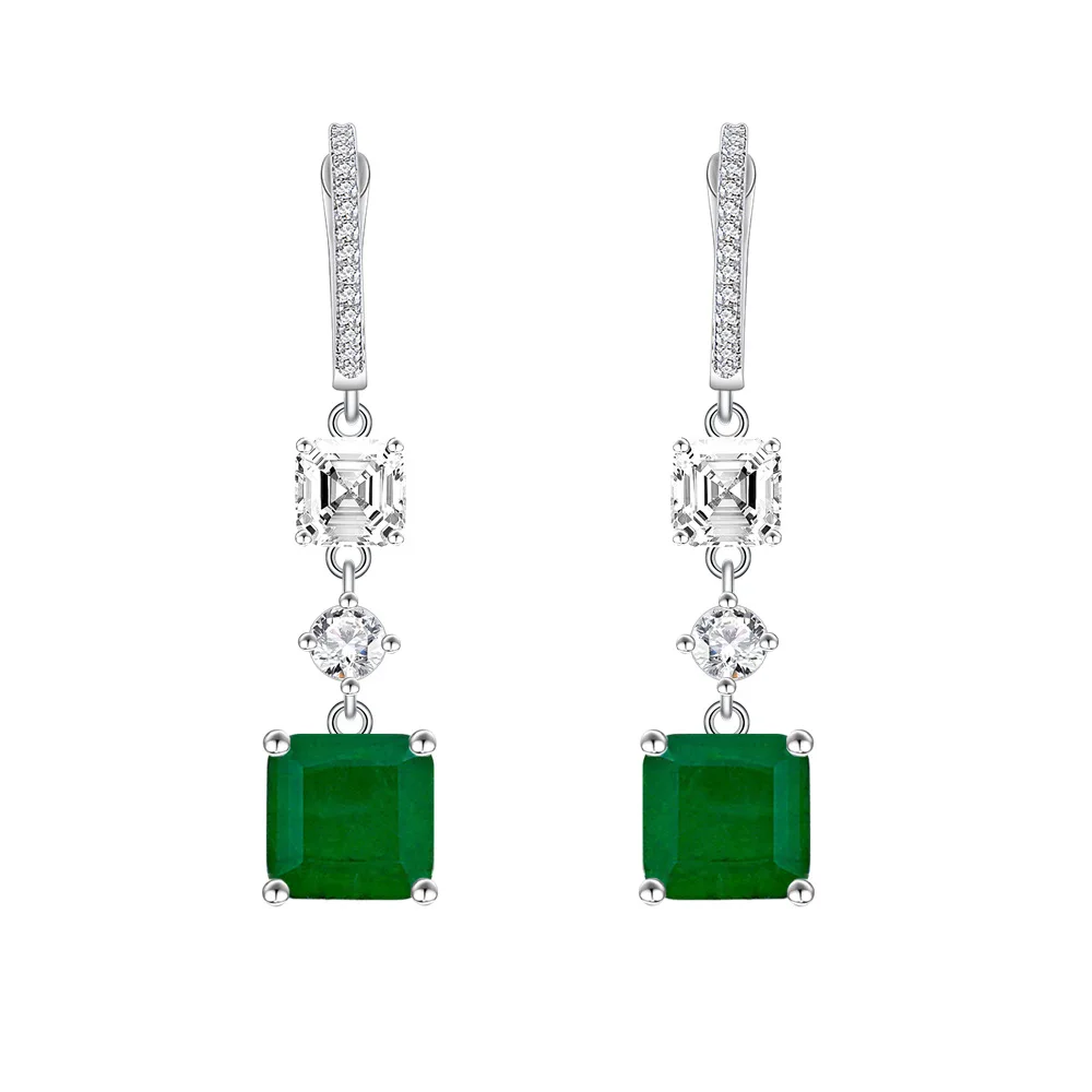 S 925 Fusion Stone Jewelry Earring Emerald Cut Green Stone Drop Hoop Earrings for Women 925 Sterling Silver earrings