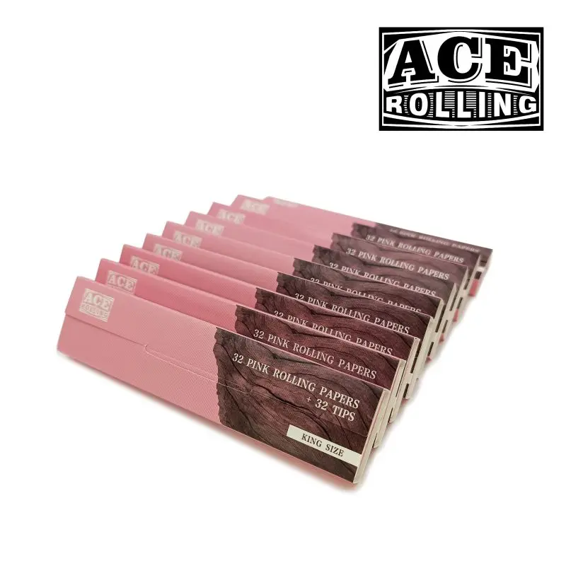 Wholesale Custom Hemp Rolling Paper 100% Natural Arabic Gum Unblenched Wood Pulp Pink Kingsize  Smoking Rolling Paper With Tips