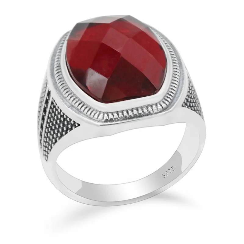Wholesale S925 Silver Real Zirconia Stone Men Rings,Big Red Garnet Ring for Men Tukish Jewelry