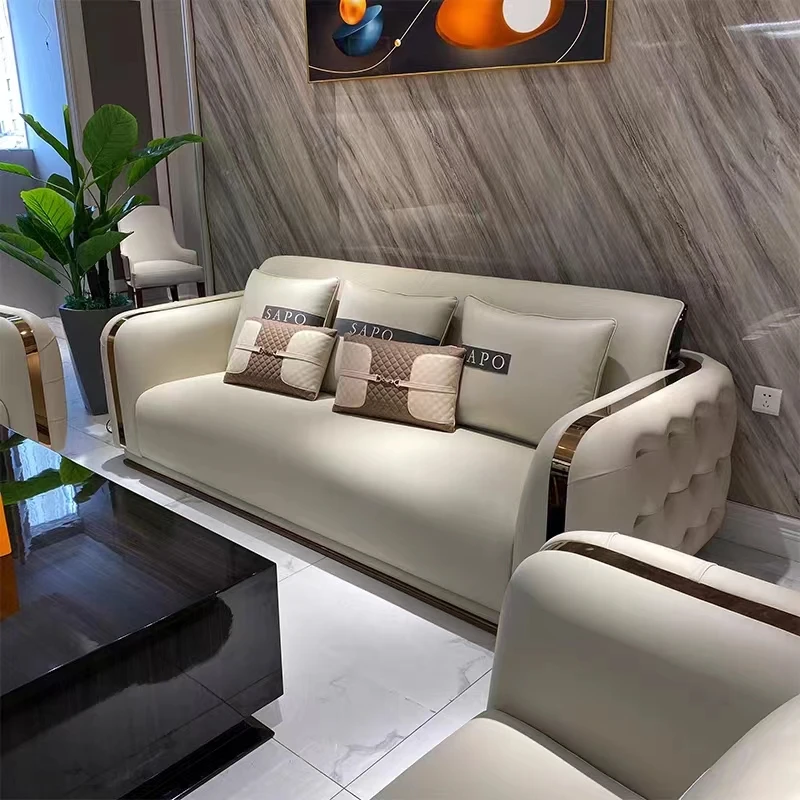 Italian modern luxury art Style leather sofa Set villa Living Room Modern Furniture Leather 1+2+3 sectional grey leather sofa