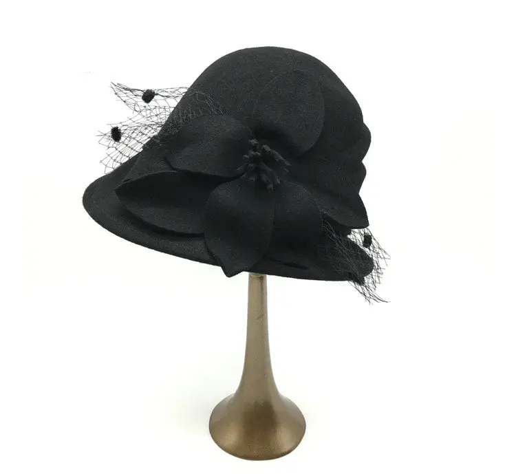 New Fashion 100 Wool Felt Bucket Hat Women Cloche Hats Lady Church Wedding Dress Women wool Felt Hats With Flower Bow Sun