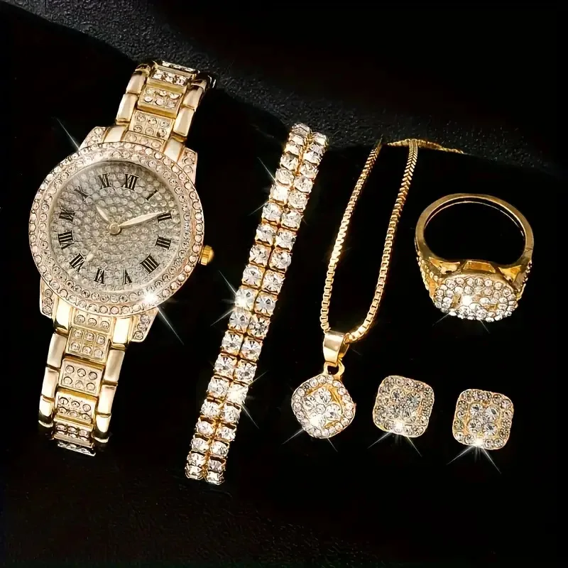 Luxury Elegant Wrist Watch & 5pcs Crystal Jewelry Set Stylish Rhinestone Iced Out Watches Set For Women Gift (WT2285)
