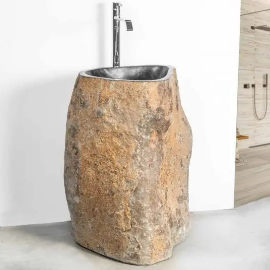 Khaki Rough Surface Inside Polished Deep One Hole Natural Boulder Cobble Pebble Stone Washing Sink for Bathroom and Garden