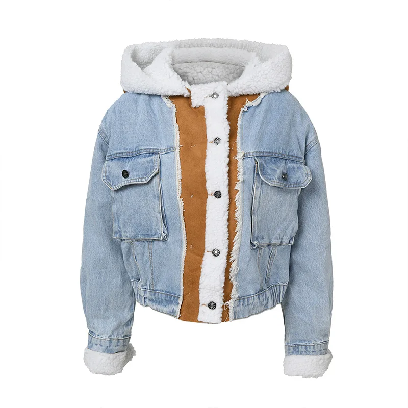 Drop Shipping Fashion Denim Jacket Warm Winter Shearling Parkas Lamb Suede Fur Denim Jeans Jacket Short Hoodie Women Coat