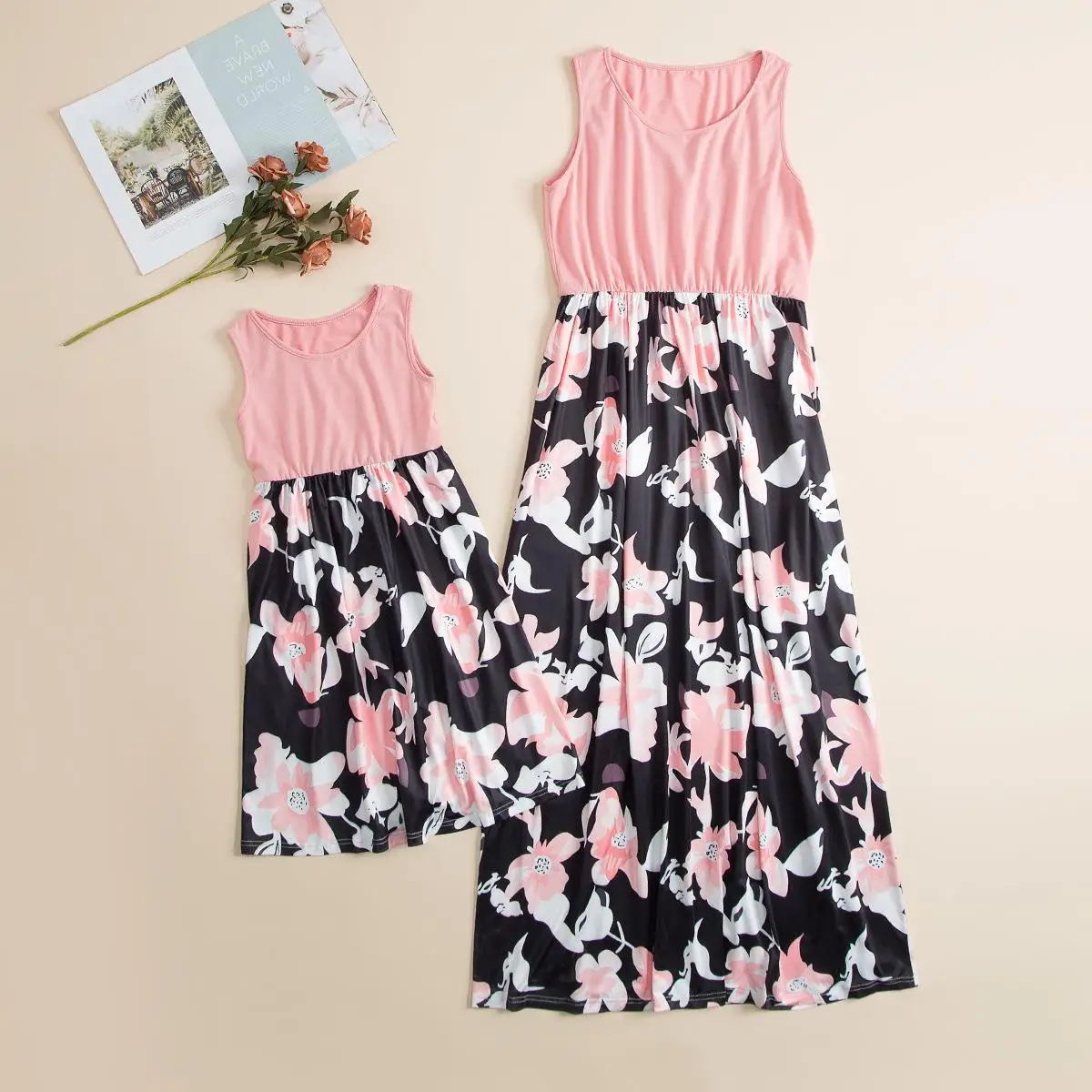 Family Matching Outfits Elegant wholesale clothing Floral Long dress Mom and Daughter Same Dress Mommy and me onesies dresses