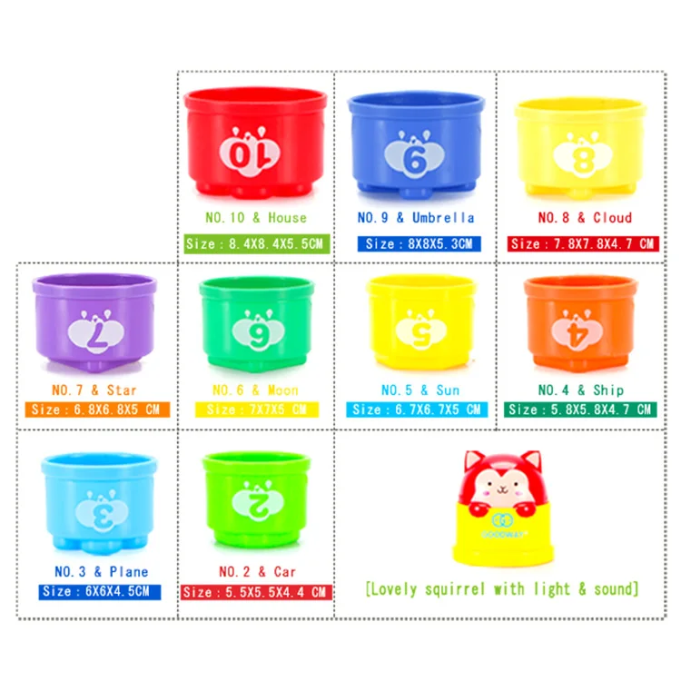 baby bath play early educational rainbow color cartoon animal cup stacking toy with light music